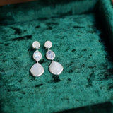 Rainbow moonstone drop earrings (L), 925 sliver, in hammered bezel